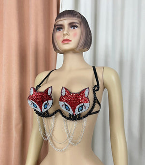 Sequin Fox Pasties Bra with Chains, Women's Red Beaded Festival Dance Top