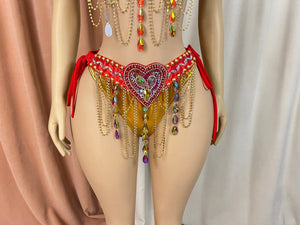 Women's Red & Gold Embellished Heart Dangle Chain Bra & Bottom Set, Samba/Carnival Dancewear
