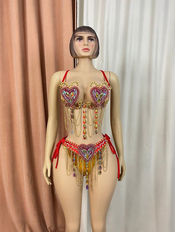 Women's Red & Gold Embellished Heart Dangle Chain Bra & Bottom Set, Samba/Carnival Dancewear