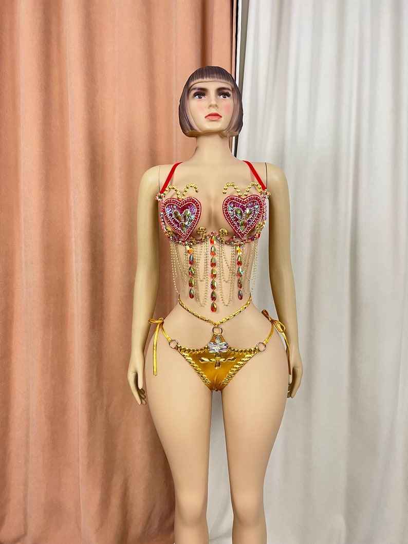 Women's Red & Gold Rhinestone Heart Embellished Chain Fringe Bra & Bottoms Set for Latin Dance