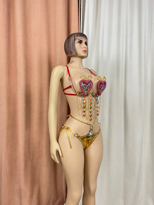 Women's Red & Gold Rhinestone Heart Embellished Chain Fringe Bra & Bottoms Set for Latin Dance