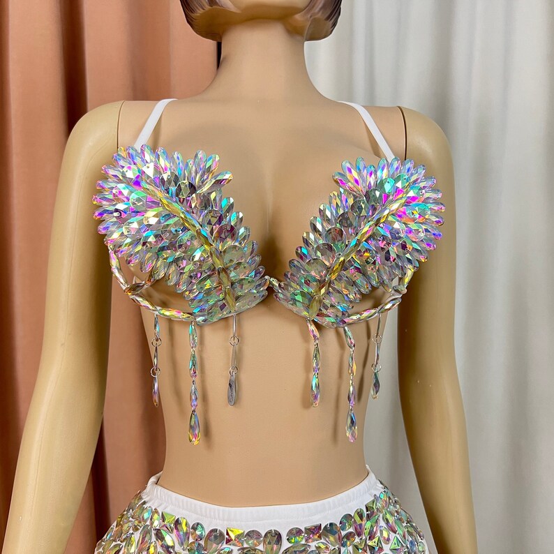 Women's White Iridescent Rhinestone Fringe Bra and High-Waist Briefs Two-Piece Set for Carnival Dance