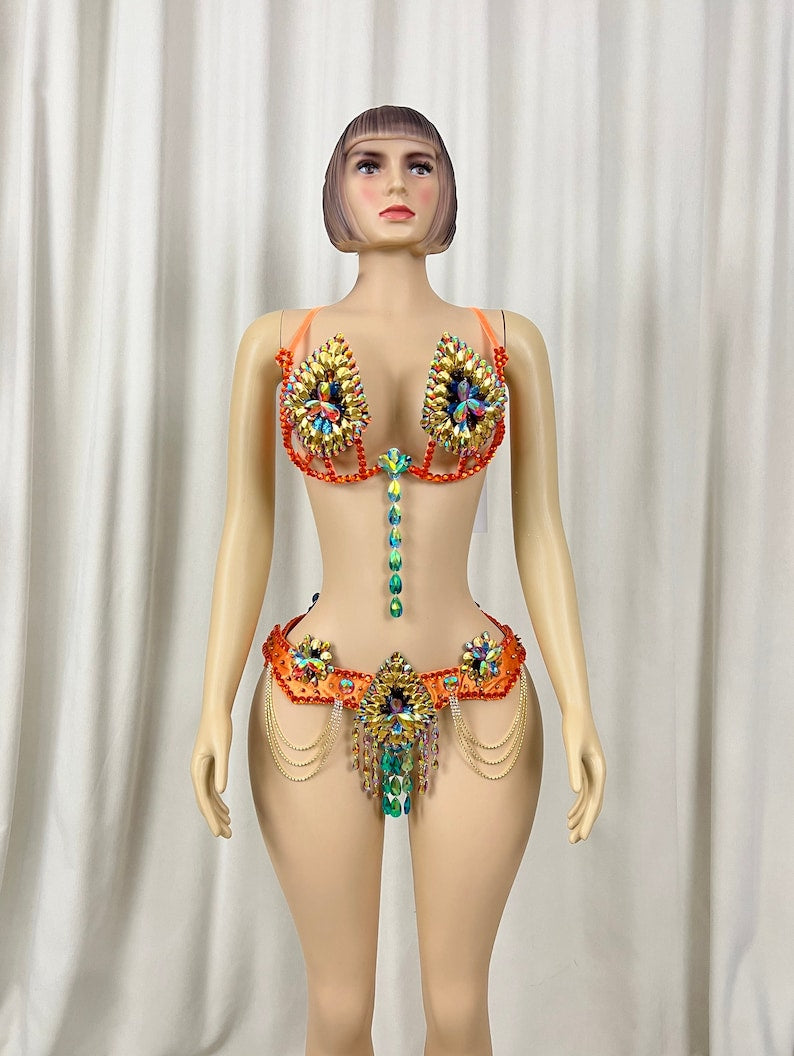 Carnival Samba Belly Dance Bra Belt Set, Women's Orange Gold Rhinestone Sequin Beaded Fringe Latin Dance Costume