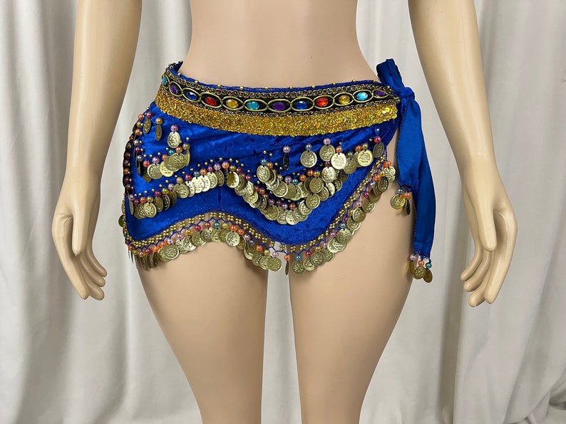 Belly Dance Costume Women's Blue Embellished Coin Hip Scarf and Bra Set
