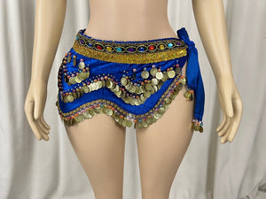 Belly Dance Costume Women's Blue Embellished Coin Hip Scarf and Bra Set