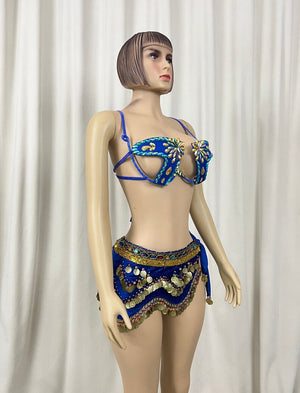 Belly Dance Costume Women's Blue Embellished Coin Hip Scarf and Bra Set