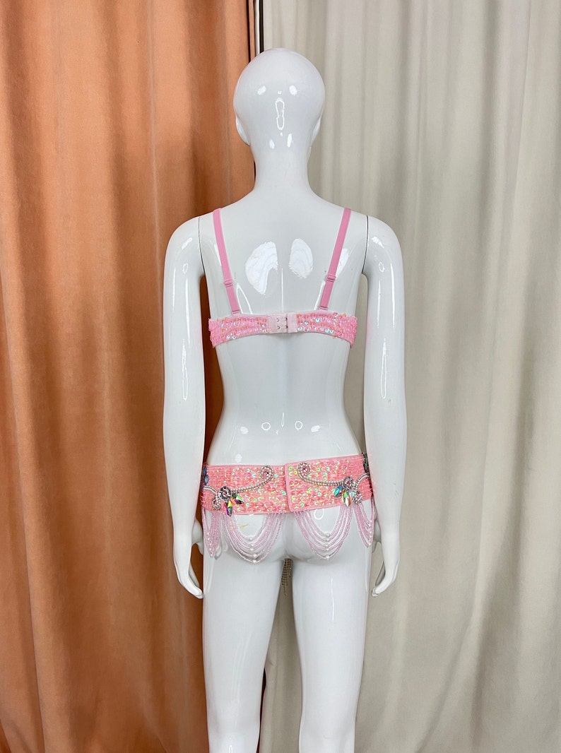 Belly Dance Costume, Women's Pink Sequin & Beaded Bra and Belt Set with Rhinestone Fringe, Adult Oriental Dancewear