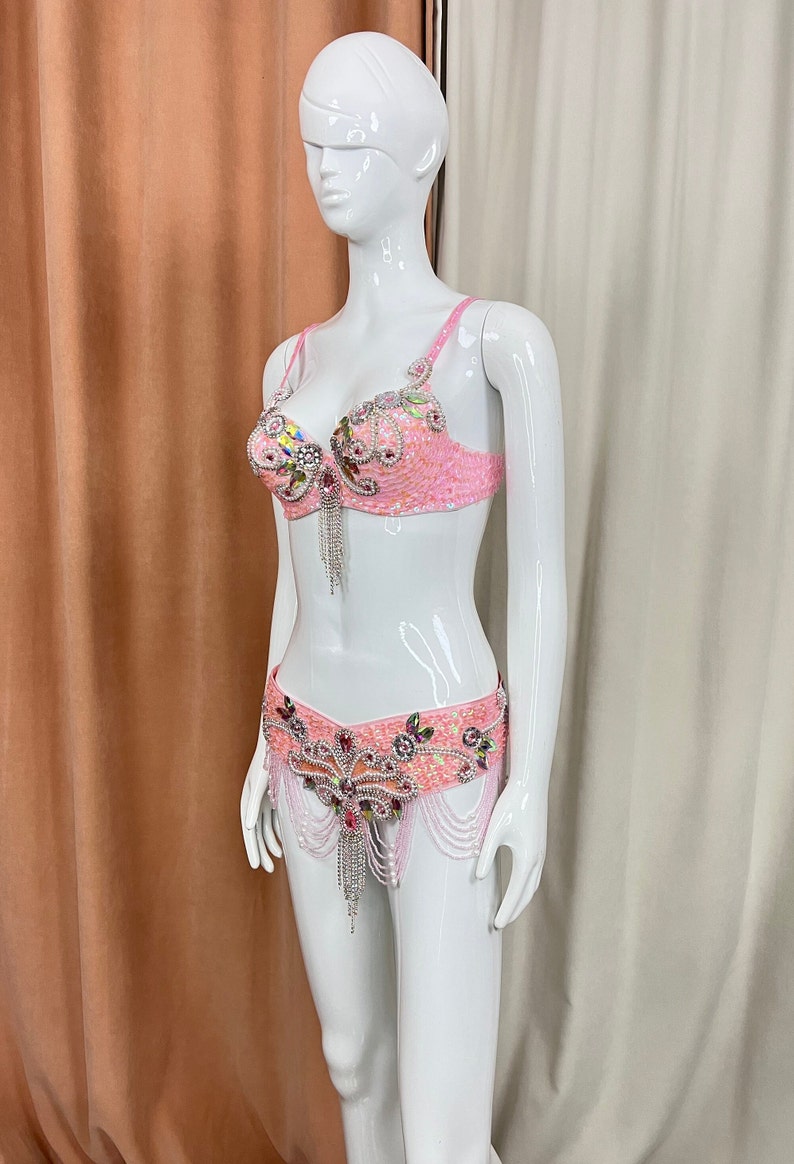 Belly Dance Costume, Women's Pink Sequin & Beaded Bra and Belt Set with Rhinestone Fringe, Adult Oriental Dancewear