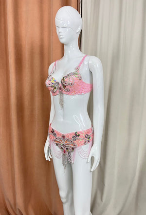 Belly Dance Costume, Women's Pink Sequin & Beaded Bra and Belt Set with Rhinestone Fringe, Adult Oriental Dancewear