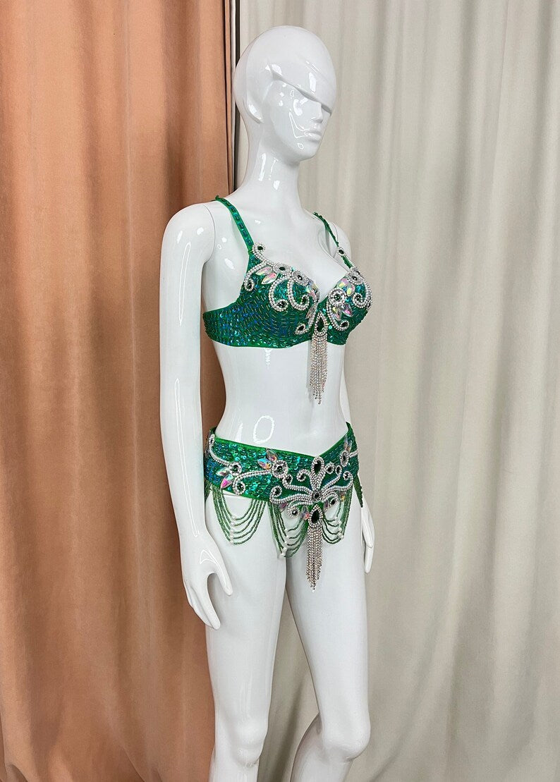 Belly Dance Costume, Women's Pink Sequin & Beaded Bra and Belt Set with Rhinestone Fringe, Adult Oriental Dancewear