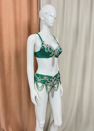 Belly Dance Costume, Women's Pink Sequin & Beaded Bra and Belt Set with Rhinestone Fringe, Adult Oriental Dancewear