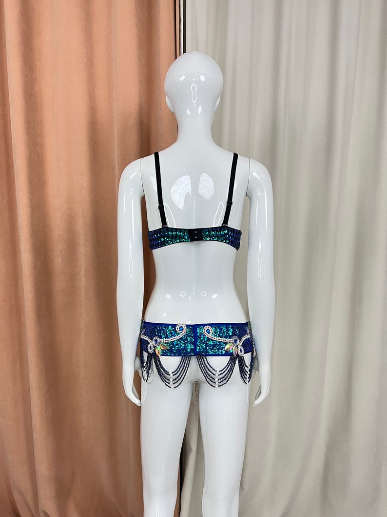 Belly Dance Costume Women's Fuchsia Beaded Sequin Bra and Hip Scarf with Rhinestone Fringe, Cabaret