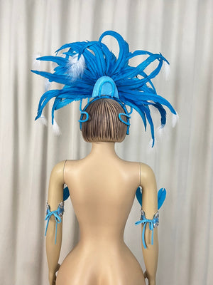 Adult Blue & White Feather & Rhinestone Headdress with Armbands - Carnival Dance Costume