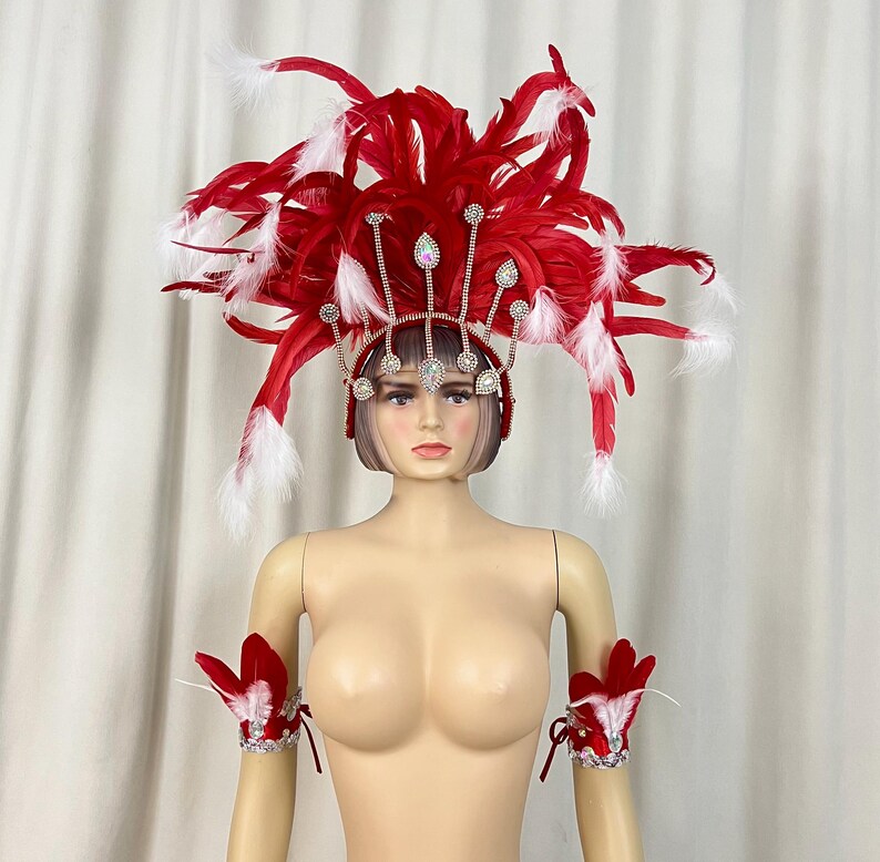 Adult Blue & White Feather & Rhinestone Headdress with Armbands - Carnival Dance Costume