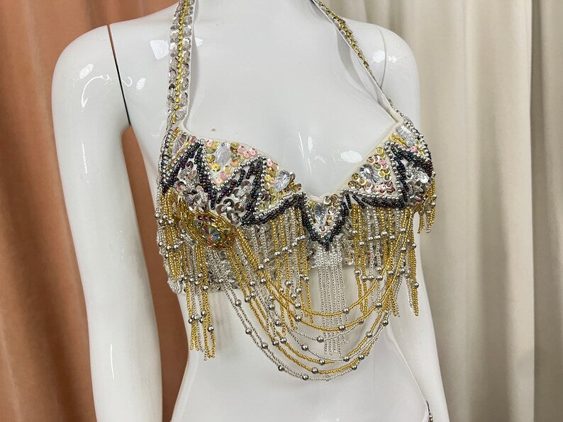Belly Dance Costume Set, Women's Black & Gold Sequin Beaded Fringe Halter Bra & Hip Scarf, Belly Dance