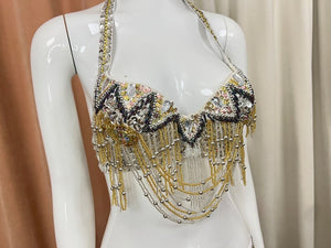 Belly Dance Costume Set, Women's Black & Gold Sequin Beaded Fringe Halter Bra & Hip Scarf, Belly Dance