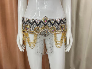 Belly Dance Costume Set, Women's Black & Gold Sequin Beaded Fringe Halter Bra & Hip Scarf, Belly Dance