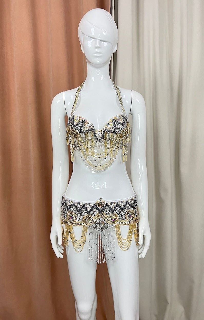 Belly Dance Costume Set, Women's Black & Gold Sequin Beaded Fringe Halter Bra & Hip Scarf, Belly Dance