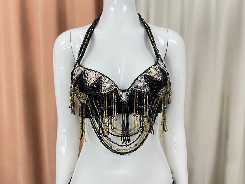 Belly Dance Costume Women's Black & Gold Beaded Sequin Halter Bra & Hip Scarf Set