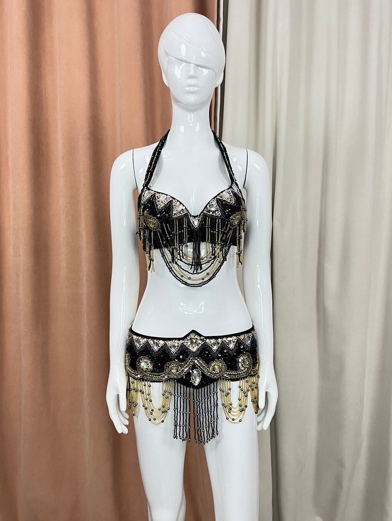 Belly Dance Costume Women's Black & Gold Beaded Sequin Halter Bra & Hip Scarf Set