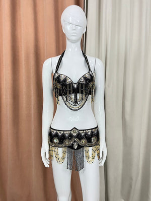 Belly Dance Costume Women's Black & Gold Beaded Sequin Halter Bra & Hip Scarf Set