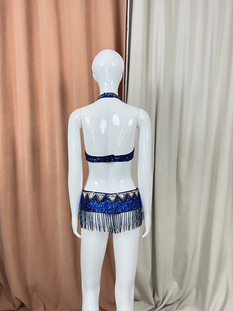 Belly Dance Costume, Women's Royal Blue & Gold Sequin Beaded Fringe Halter Bra & Hip Scarf Set, Belly Dance