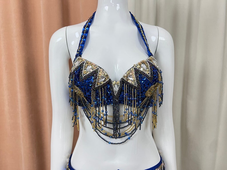 Belly Dance Costume, Women's Royal Blue & Gold Sequin Beaded Fringe Halter Bra & Hip Scarf Set, Belly Dance