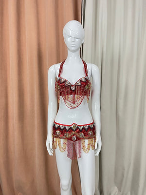 Belly Dance Costume, Women's Royal Blue & Gold Sequin Beaded Fringe Halter Bra & Hip Scarf Set, Belly Dance