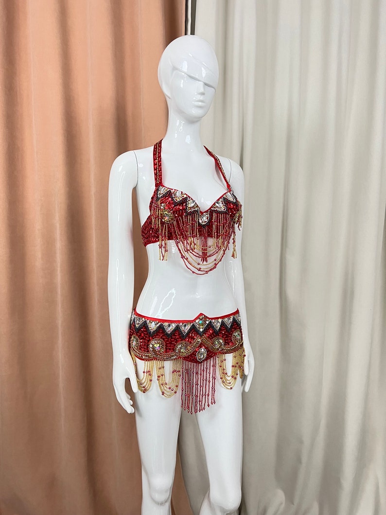 Belly Dance Costume, Women's Royal Blue & Gold Sequin Beaded Fringe Halter Bra & Hip Scarf Set, Belly Dance