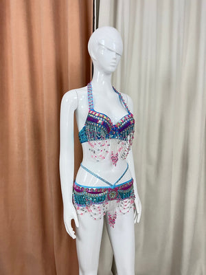 Belly Dance Costume Womens Blue Pink Beaded Halter Top and Hip Scarf Set with Fringe and Sequins