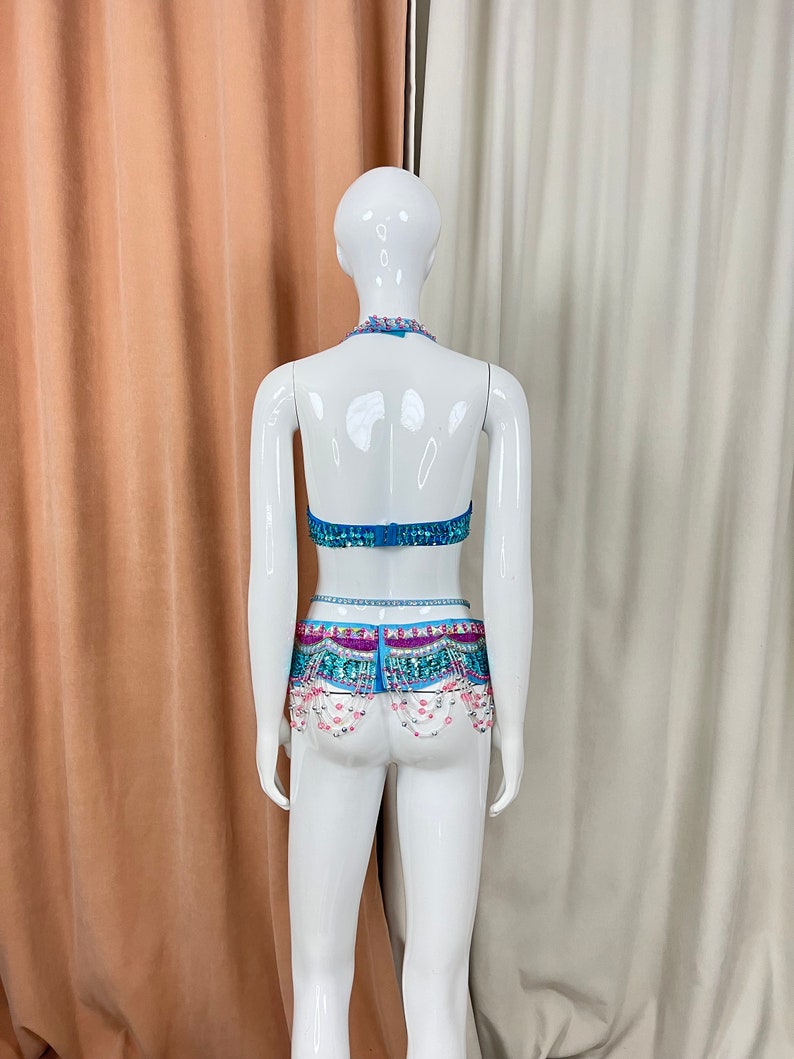 Belly Dance Costume Womens Blue Pink Beaded Halter Top and Hip Scarf Set with Fringe and Sequins