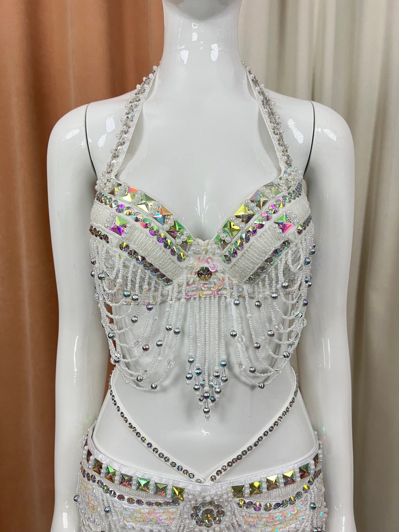 Belly Dance Costume Womens Blue Pink Beaded Halter Top and Hip Scarf Set with Fringe and Sequins