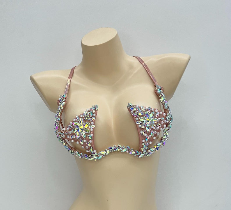 Dancing Bra Women's Pink Rhinestone Beaded Halter Top Open Cup Rave Dancewear