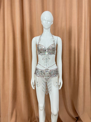 Women's Gold Sequin Halter Top & Hip Scarf with Beaded Fringe, Belly Dance Costume