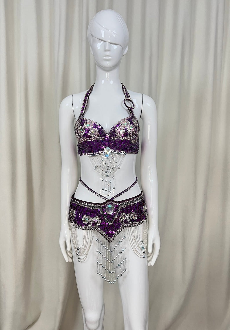 Women's Gold Sequin Halter Top & Hip Scarf with Beaded Fringe, Belly Dance Costume