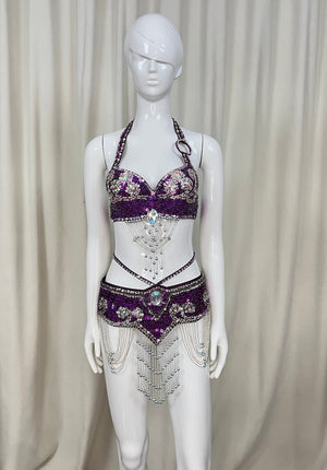 Women's Gold Sequin Halter Top & Hip Scarf with Beaded Fringe, Belly Dance Costume