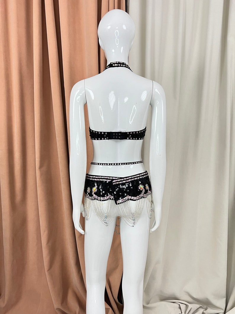 Belly Dance Costume Womens Black Sequin Beaded Halter Bra & Skirt Set with Rhinestones & Chains - Belly Dance