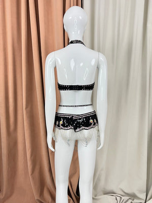 Belly Dance Costume Womens Black Sequin Beaded Halter Bra & Skirt Set with Rhinestones & Chains - Belly Dance