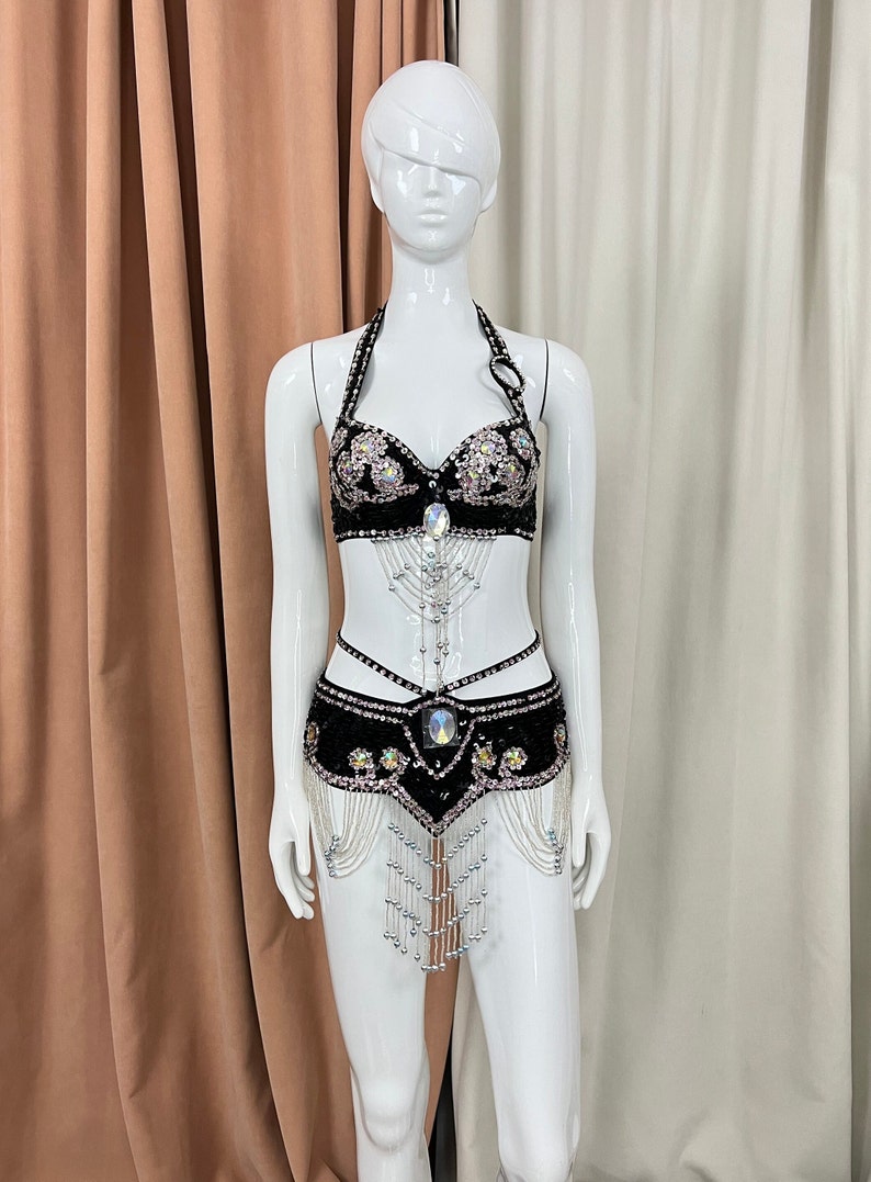 Belly Dance Costume Womens Black Sequin Beaded Halter Bra & Skirt Set with Rhinestones & Chains - Belly Dance