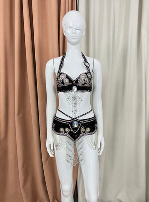 Belly Dance Costume Womens Black Sequin Beaded Halter Bra & Skirt Set with Rhinestones & Chains - Belly Dance