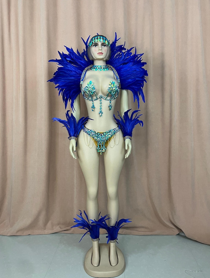 Carnival Dance Costume Women's Blue Feathered & Embellished Sequin Mardi Gras Samba Showgirl Outfit
