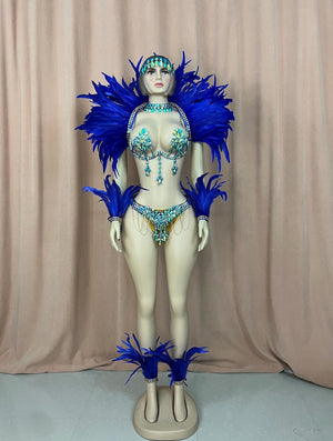 Carnival Dance Costume Women's Blue Feathered & Embellished Sequin Mardi Gras Samba Showgirl Outfit