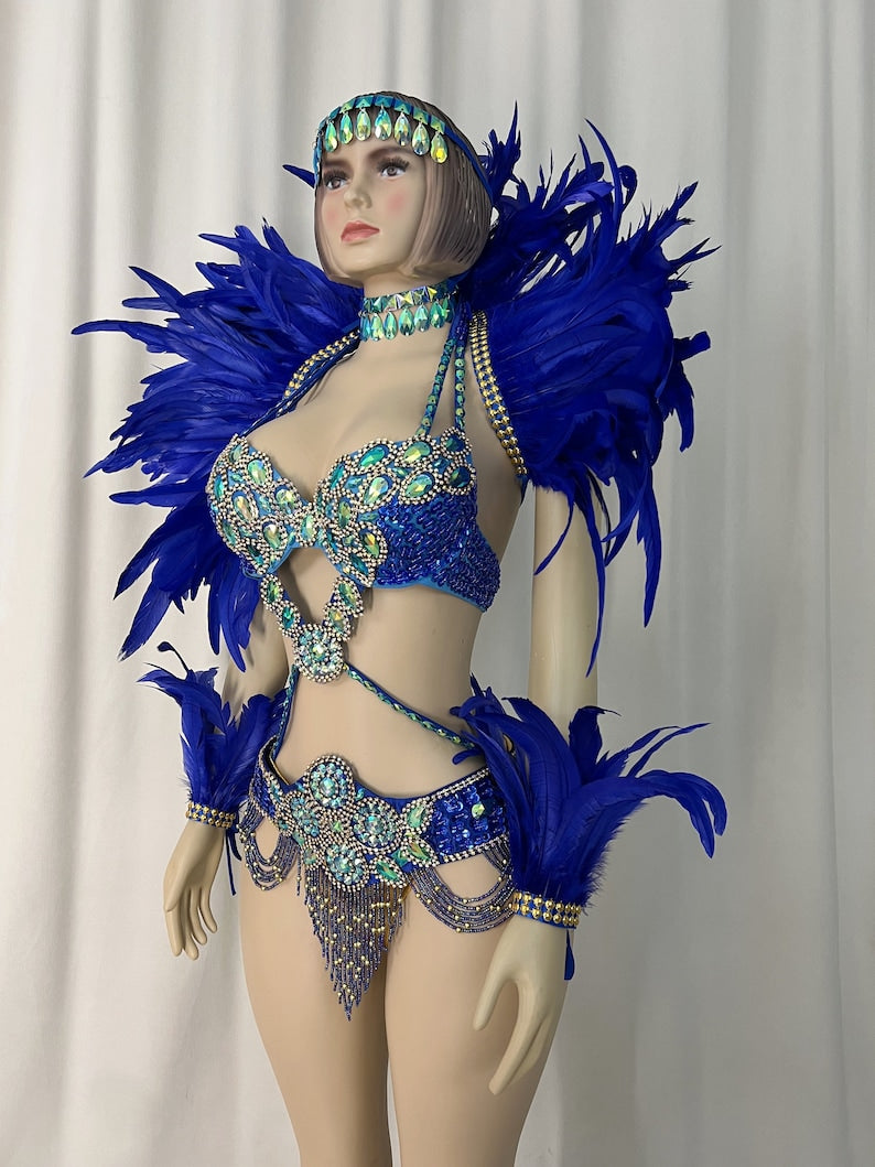 Carnival Dance Costume, Women's Red and Yellow Feathered Embellished Sequin Mardi Gras Outfit