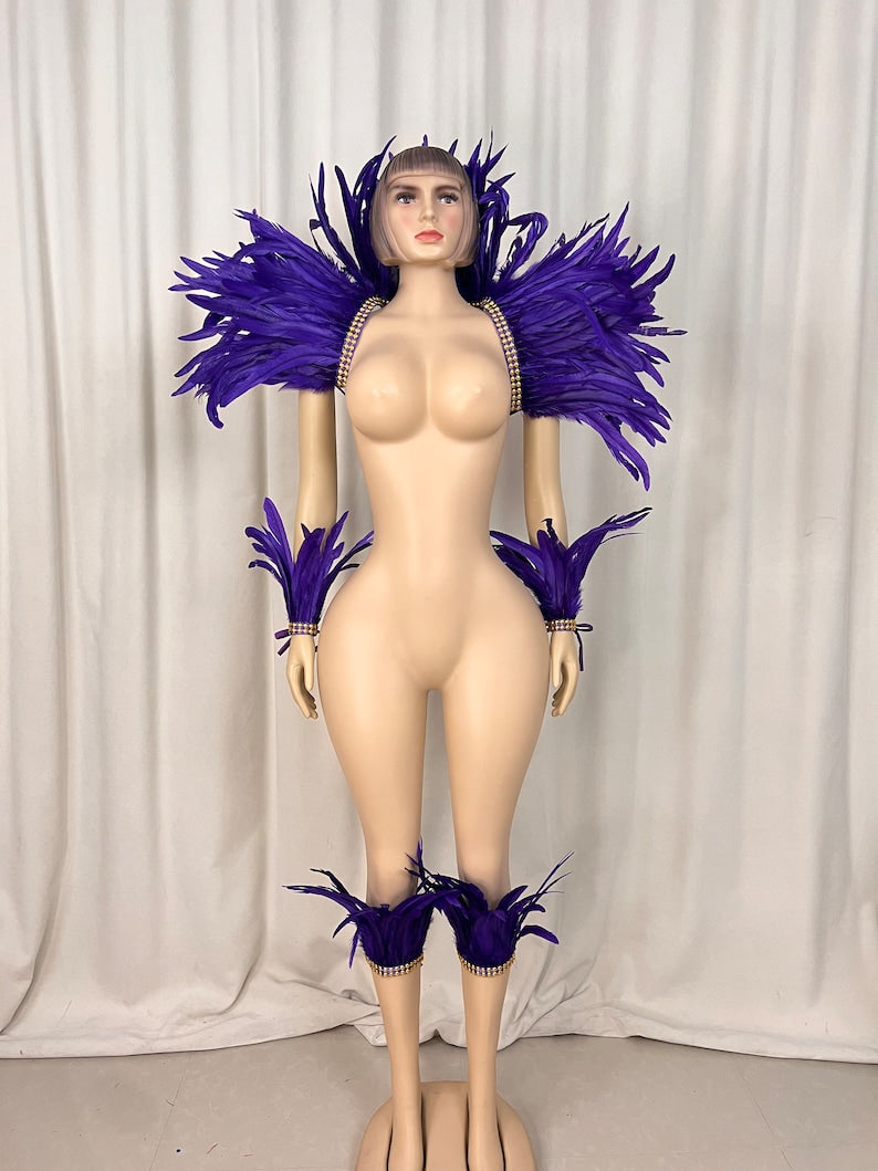 Feather Dance Costume, Women's Red Yellow Feathered Sequin Trim Shoulder Piece Armbands Ankle Cuffs, Carnival Samba Latin Dance