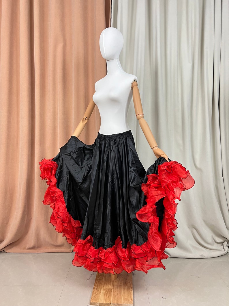 Flamenco Skirt Women's Red and Black Ruffled Satin and Organza Full Circle Dance Skirt