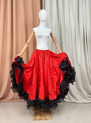 Flamenco Skirt Women's Red and Black Ruffled Satin and Organza Full Circle Dance Skirt