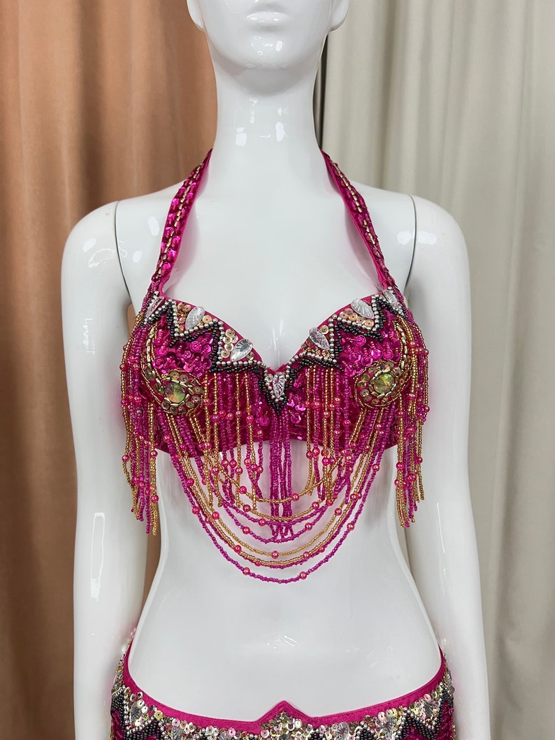 Belly Dance Costume Women's Fuchsia & Gold Beaded Halter Top & Hip Skirt with Sequins and Rhinestones