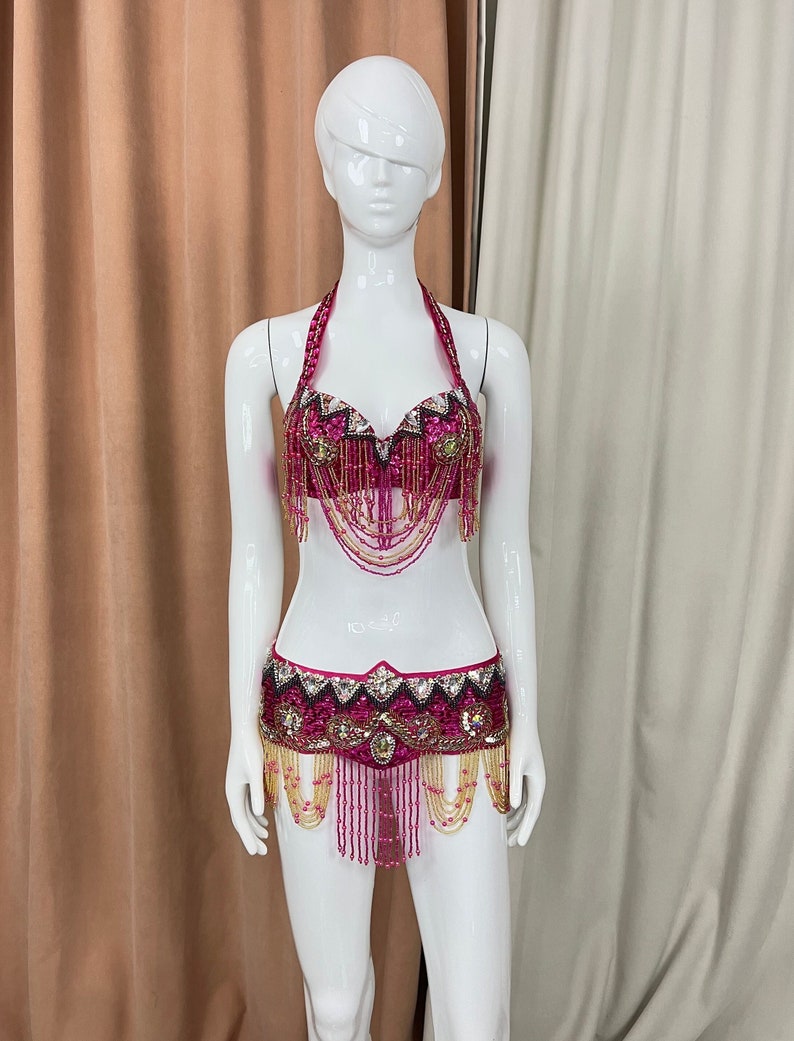 Belly Dance Costume Women's Fuchsia & Gold Beaded Halter Top & Hip Skirt with Sequins and Rhinestones