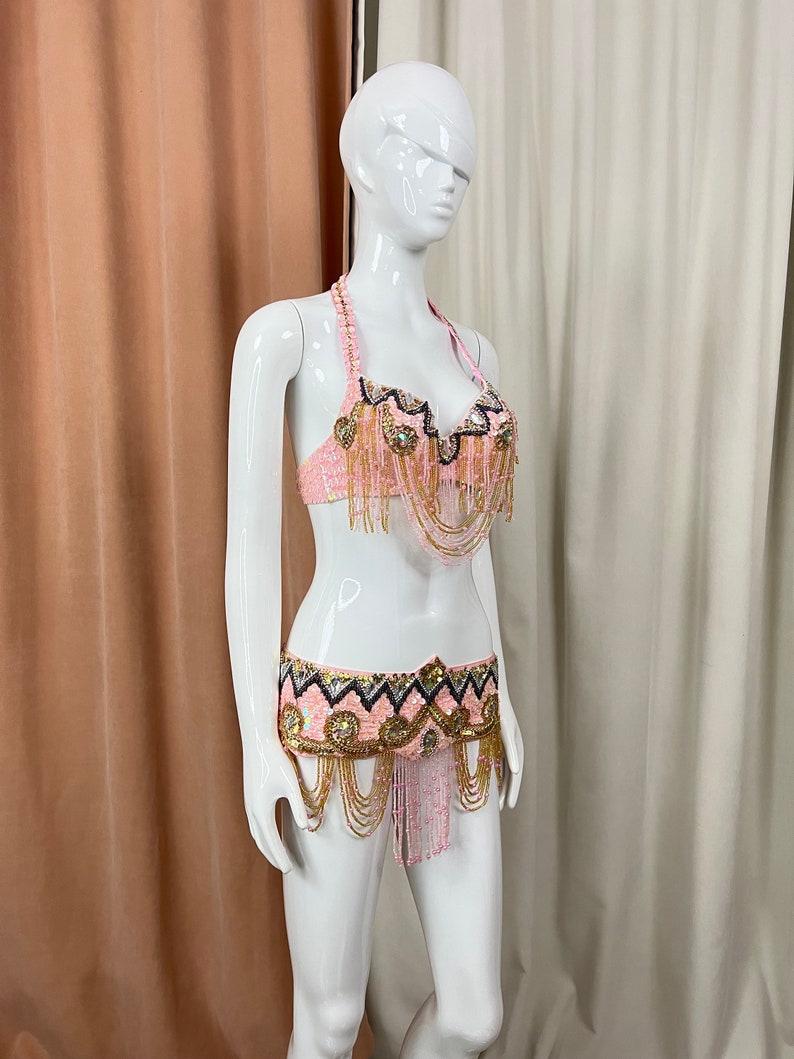 Belly Dance Costume, Women's Pink & Gold Beaded Sequin Halter Top & Hip Scarf Set, Embellished Tassel Fringe, Performance Apparel