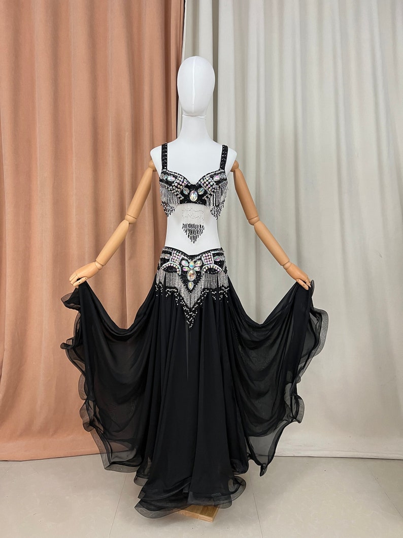 Belly Dance Costume Women Black Sequin Beaded Fringe Bra & Skirt Set Chiffon Performance Wear